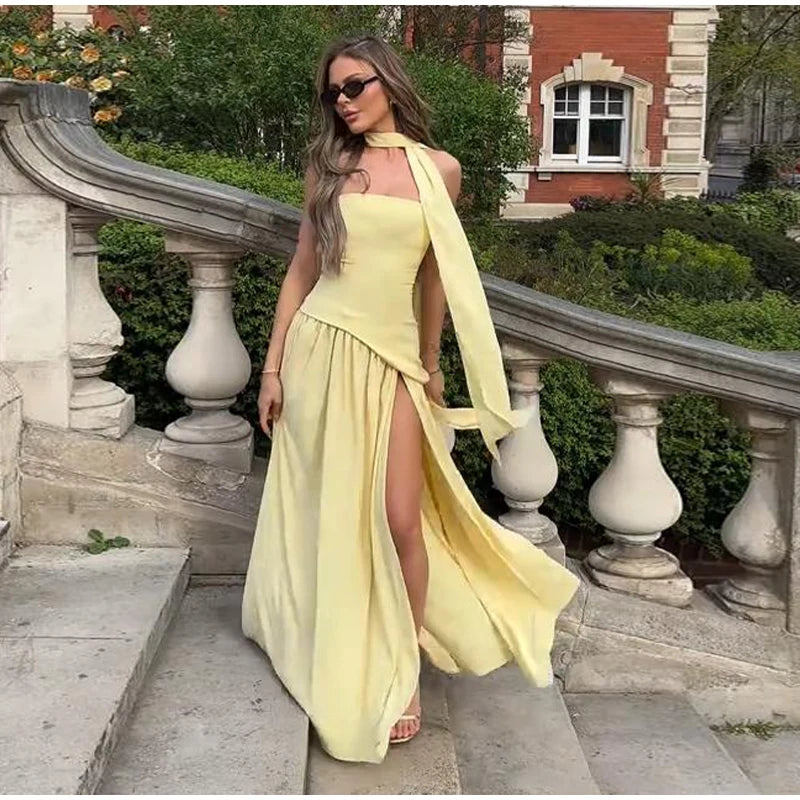 Elegante Abito Lungo con Nastro, Sciarpa Patchwork, Spacco Laterale, Abiti a Tubino per Donna, Top Estivi Gialli da Spiaggia, Abiti da Vacanza per Signora