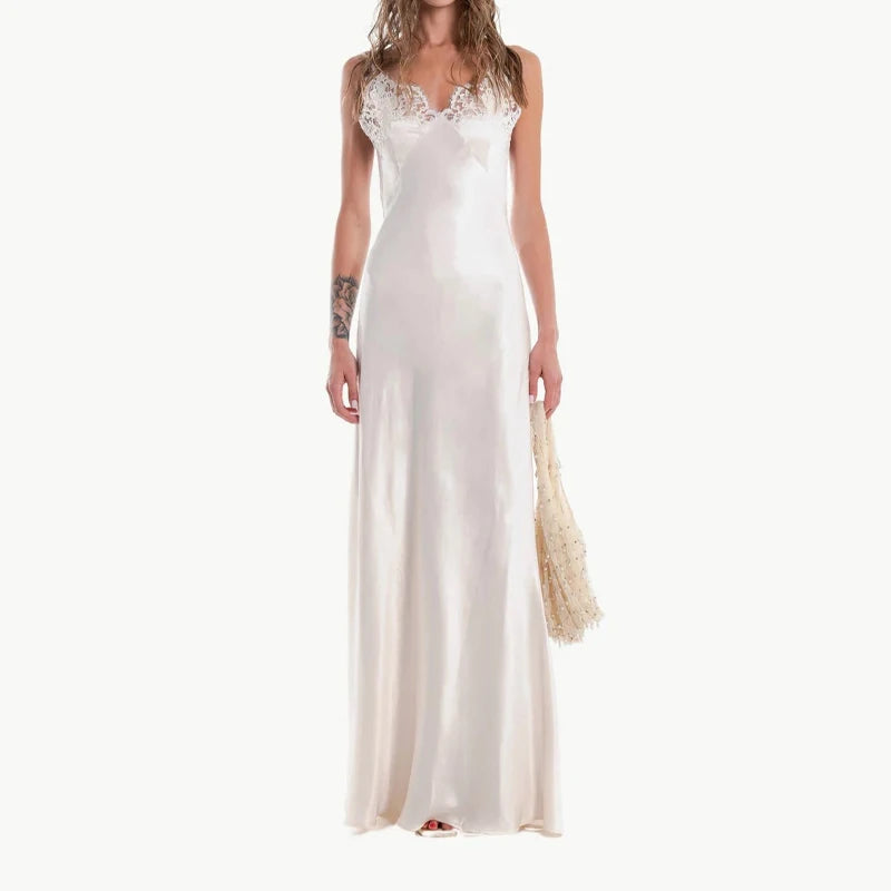 Elegantes, unifarbenes, plissiertes, schmales langes Kleid Damen Ärmellos schulterfrei V-Ausschnitt hoher Schlitz Satin Kleider 2026 Damen Dinnerparty Abendkleid
