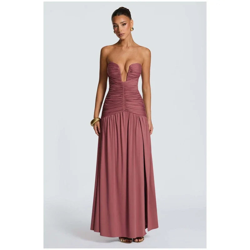 Elegantes, unifarbenes, plissiertes, schmales langes Kleid Damen Ärmellos schulterfrei V-Ausschnitt hoher Schlitz Satin Kleider 2026 Damen Dinnerparty Abendkleid