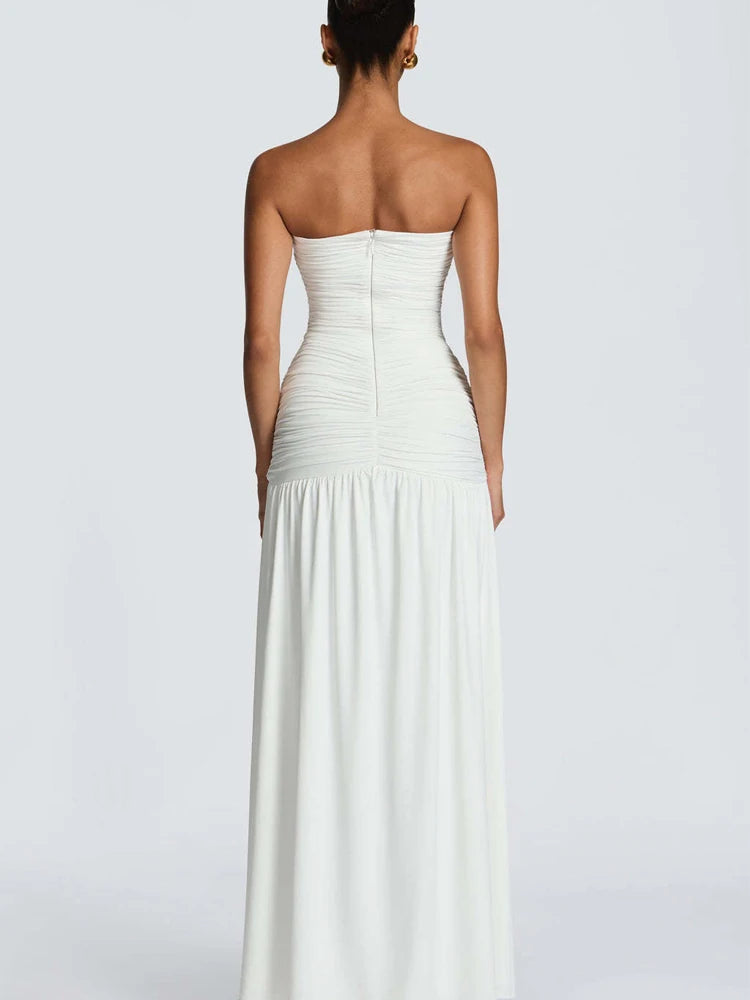 Elegantes, unifarbenes, plissiertes, schmales langes Kleid Damen Ärmellos schulterfrei V-Ausschnitt hoher Schlitz Satin Kleider 2026 Damen Dinnerparty Abendkleid