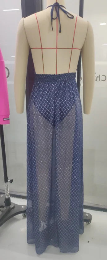 Damenkleider 2024 Sommer Sexy Schlitz Oberschenkel Neckholder Rückenfrei Tiefer V-Ausschnitt Ärmellos Enges Maxi Party Ballkleid Langes Kleid