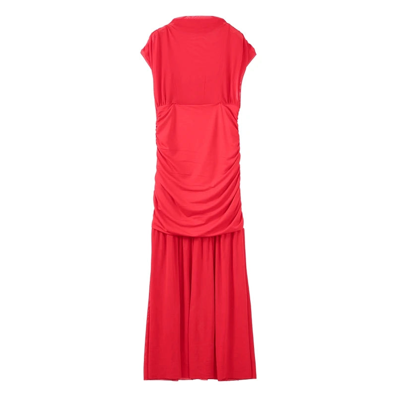 Abito Lungo da Sera Rosso Pieghettato Chic Elegante Abito Lungo Estivo da Donna con Maniche a Volant e Patchwork in Rete per Feste e Vacanze in Spiaggia