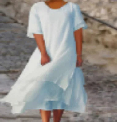 Frühling Sommer Mode Weißes langes unregelmäßiges Kleid für Damen V-Ausschnitt Halbarm Freizeit Urlaub Strandkleider für Damen Robe Femme