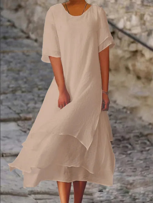 Abito lungo da donna bianco primaverile estivo irregolare scollo a V mezza manica, abiti casual da spiaggia per le vacanze da donna Robe Femme