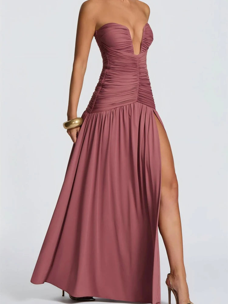 Elegantes, unifarbenes, plissiertes, schmales langes Kleid Damen Ärmellos schulterfrei V-Ausschnitt hoher Schlitz Satin Kleider 2026 Damen Dinnerparty Abendkleid