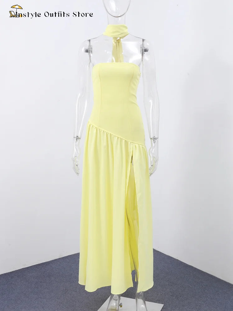 Elegante Abito Lungo con Nastro, Sciarpa Patchwork, Spacco Laterale, Abiti a Tubino per Donna, Top Estivi Gialli da Spiaggia, Abiti da Vacanza per Signora