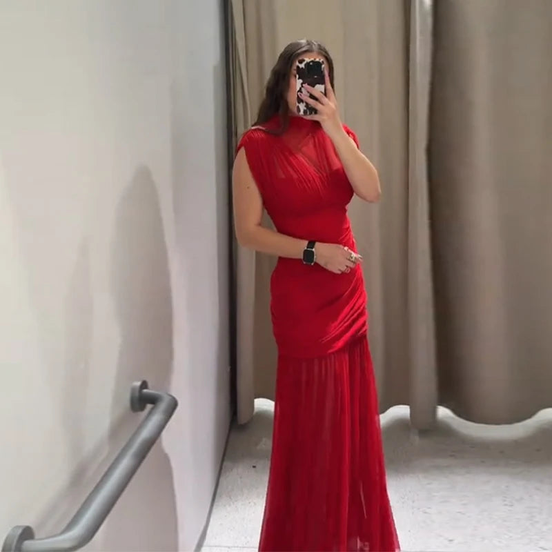 Abito Lungo da Sera Rosso Pieghettato Chic Elegante Abito Lungo Estivo da Donna con Maniche a Volant e Patchwork in Rete per Feste e Vacanze in Spiaggia