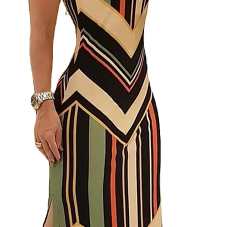 Abito lungo a righe colorate con spacco laterale, senza maniche, slim, stile streetwear estivo, Vestidos Para Mujer
