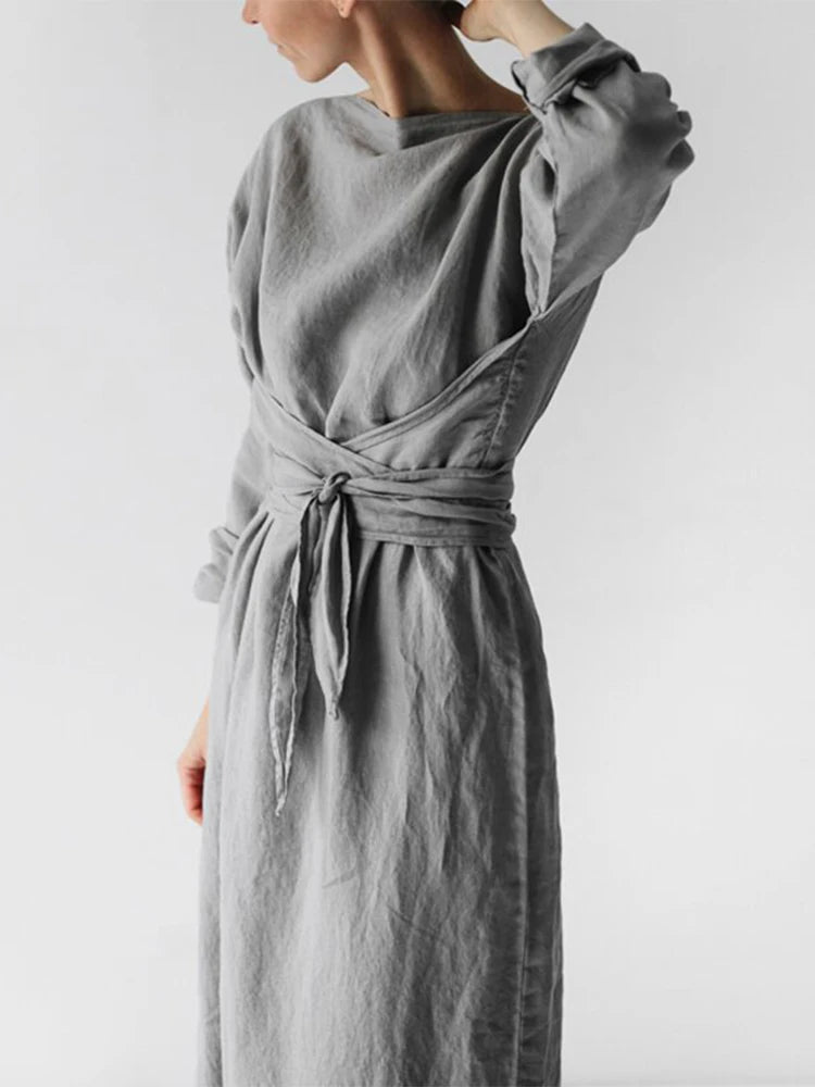 Damen Freizeitkleid Einfarbig Baumwolle Leinen Mode Schnürung Langarm Maxikleider Frühling Damen Elegant Schlichtes Kleid Mujer Harajuku
