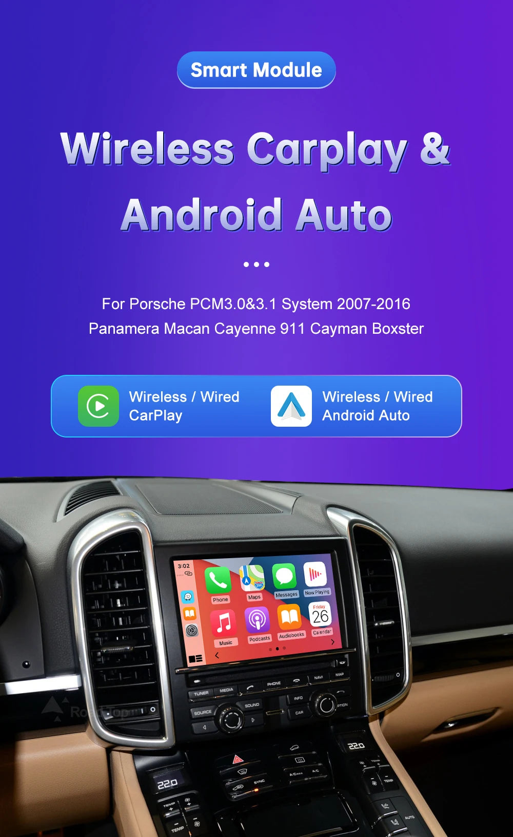 Road Top Wireless Carpaly für Porsche Macan Cayman Cayenne Panamera PCM 3.1 System unterstützt Android Auto Rückfahrkamera Airplay
