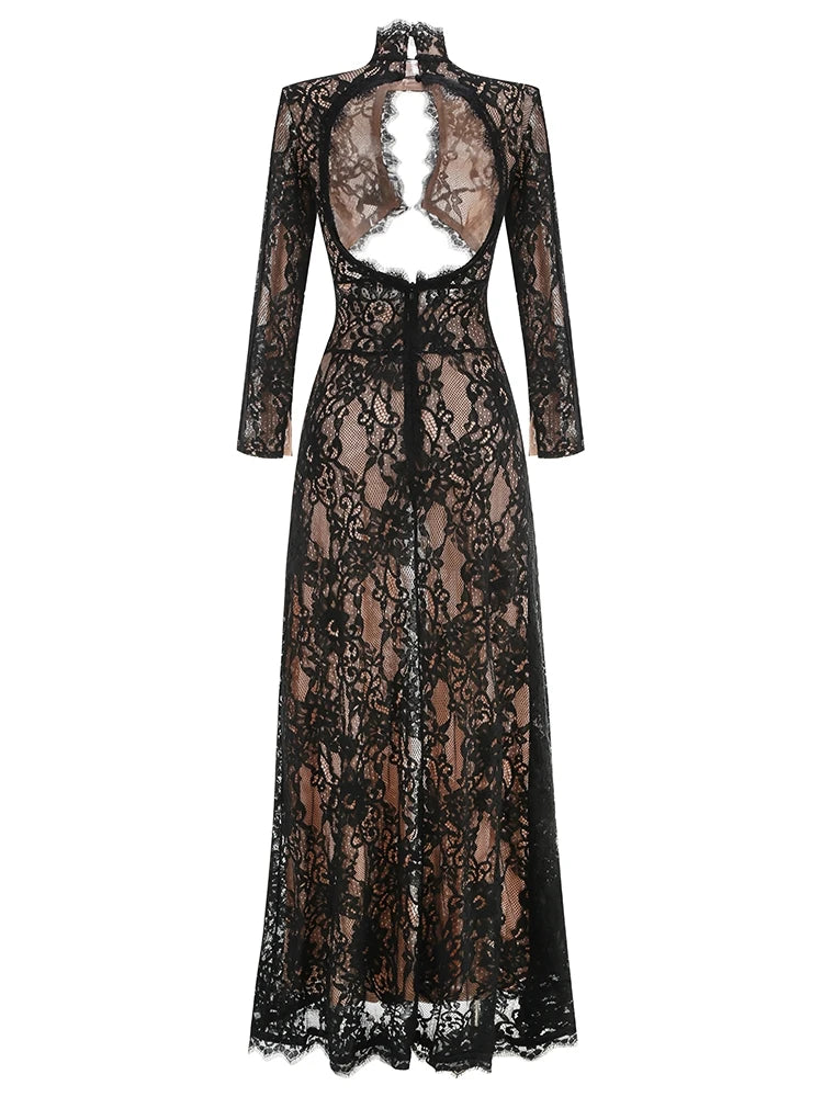 Sexy Langarm Spitze Hohles Design Langes Kleid Damen Schwarz O-Ausschnitt Cut-Out Schlitz Slim Kleider Abendparty Cocktailkleider