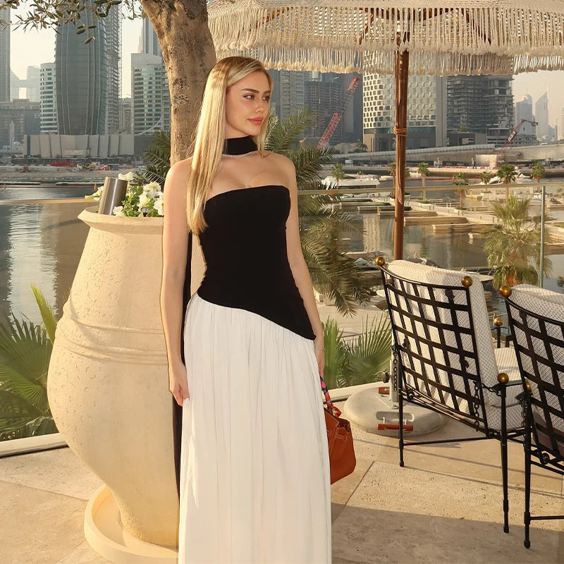 Elegante Abito Lungo con Nastro, Sciarpa Patchwork, Spacco Laterale, Abiti a Tubino per Donna, Top Estivi Gialli da Spiaggia, Abiti da Vacanza per Signora