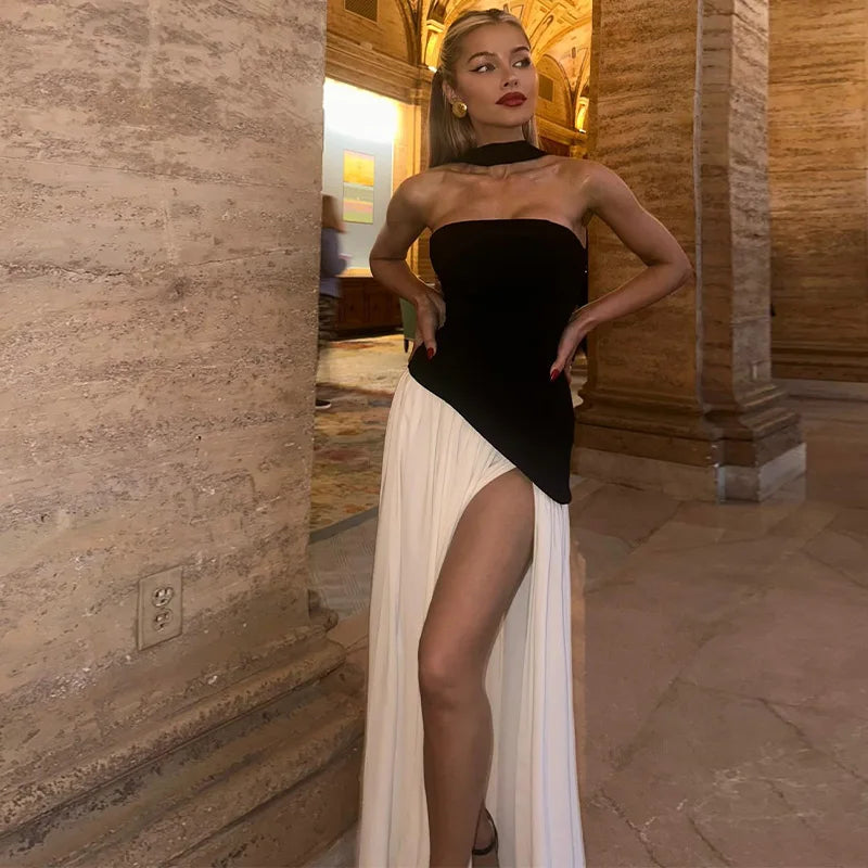 Elegante Abito Lungo con Nastro, Sciarpa Patchwork, Spacco Laterale, Abiti a Tubino per Donna, Top Estivi Gialli da Spiaggia, Abiti da Vacanza per Signora
