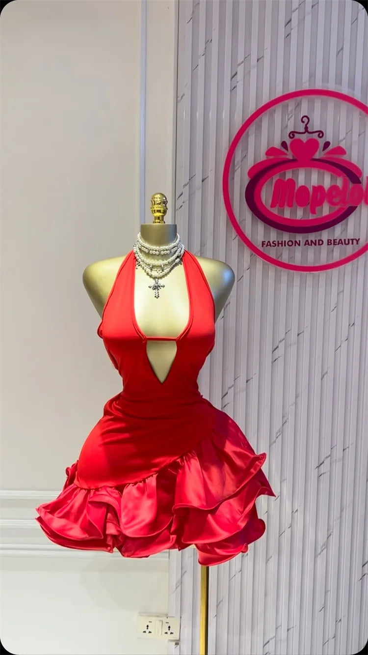 GLCMYAYA Women Sleevelss Halter V-neck Ruffles Ball Gown Smock A-line Mini Midi Dress 2025 Summer Vacation Holiday Party Dresses