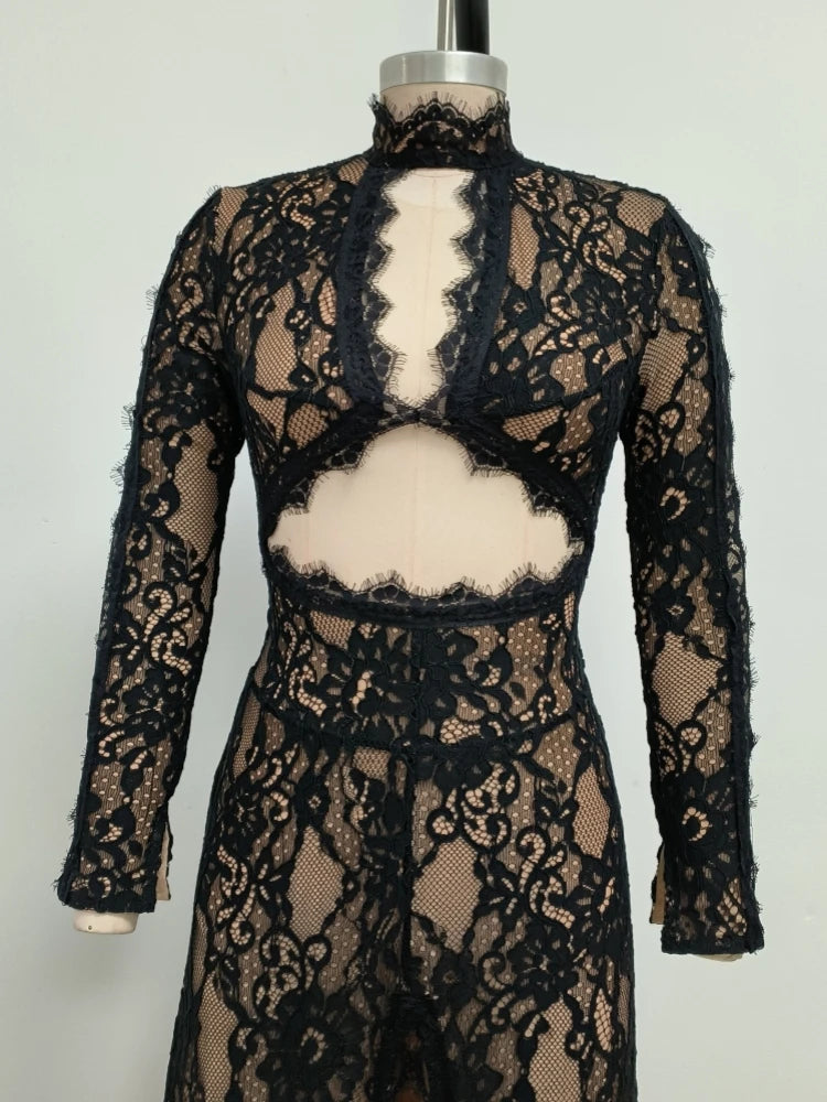Sexy Langarm Spitze Hohles Design Langes Kleid Damen Schwarz O-Ausschnitt Cut-Out Schlitz Slim Kleider Abendparty Cocktailkleider
