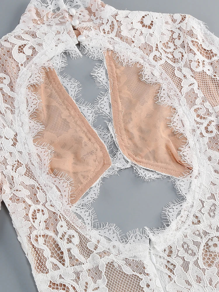 Sexy Langarm Spitze Hohles Design Langes Kleid Damen Schwarz O-Ausschnitt Cut-Out Schlitz Slim Kleider Abendparty Cocktailkleider