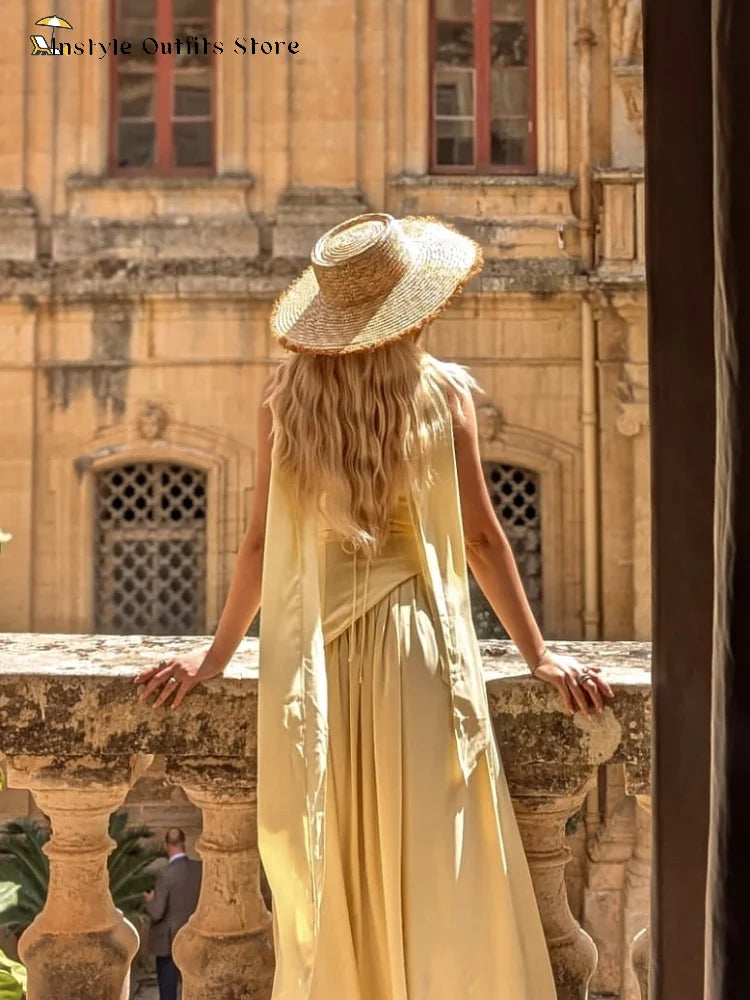 Elegante Abito Lungo con Nastro, Sciarpa Patchwork, Spacco Laterale, Abiti a Tubino per Donna, Top Estivi Gialli da Spiaggia, Abiti da Vacanza per Signora