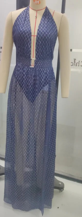 Damenkleider 2024 Sommer Sexy Schlitz Oberschenkel Neckholder Rückenfrei Tiefer V-Ausschnitt Ärmellos Enges Maxi Party Ballkleid Langes Kleid