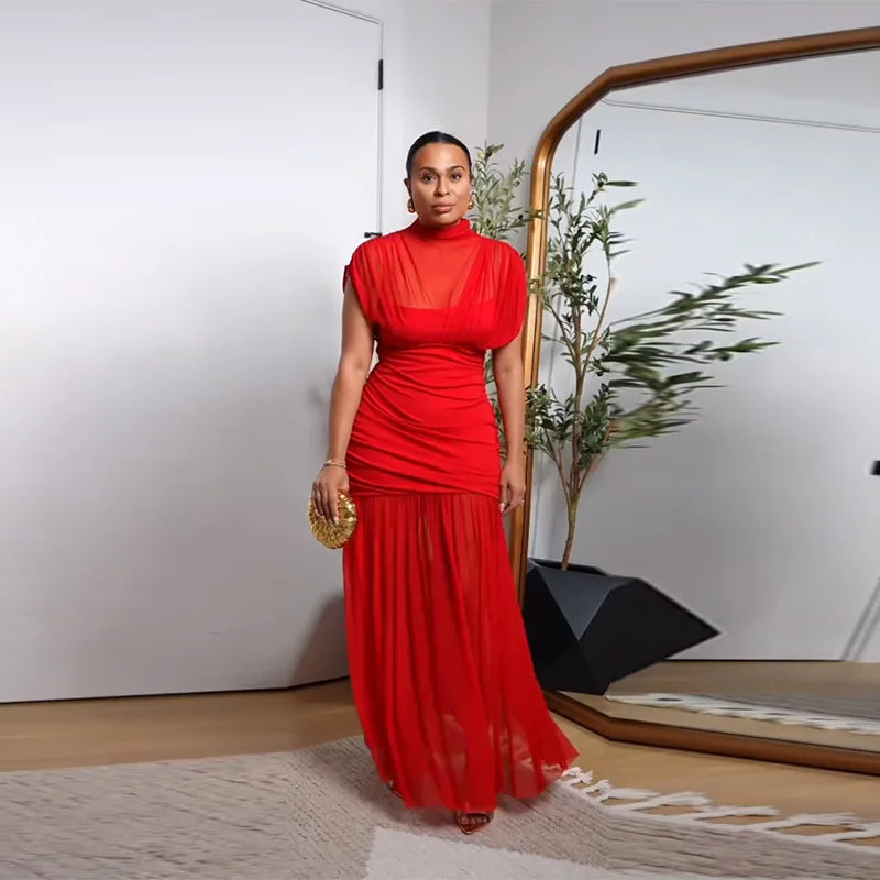 Abito Lungo da Sera Rosso Pieghettato Chic Elegante Abito Lungo Estivo da Donna con Maniche a Volant e Patchwork in Rete per Feste e Vacanze in Spiaggia