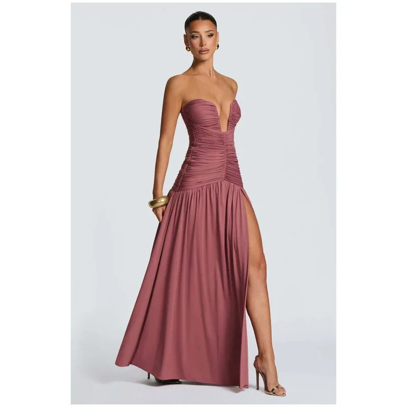 Elegantes, unifarbenes, plissiertes, schmales langes Kleid Damen Ärmellos schulterfrei V-Ausschnitt hoher Schlitz Satin Kleider 2026 Damen Dinnerparty Abendkleid