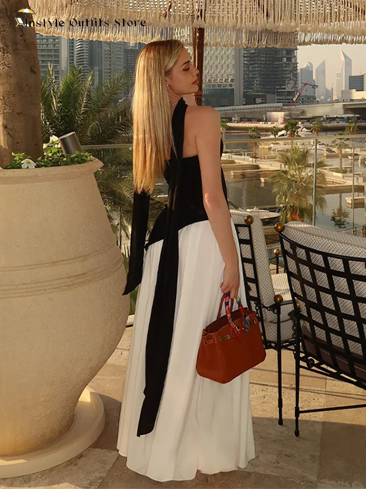 Elegante Abito Lungo con Nastro, Sciarpa Patchwork, Spacco Laterale, Abiti a Tubino per Donna, Top Estivi Gialli da Spiaggia, Abiti da Vacanza per Signora