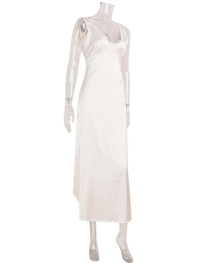 Ahagaga Abiti eleganti da donna in raso a tinta unita con scollo a V profondo, allacciatura, patchwork, abito da festa casual aderente, vestiti da donna