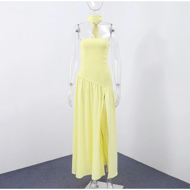 Elegante Abito Lungo con Nastro, Sciarpa Patchwork, Spacco Laterale, Abiti a Tubino per Donna, Top Estivi Gialli da Spiaggia, Abiti da Vacanza per Signora