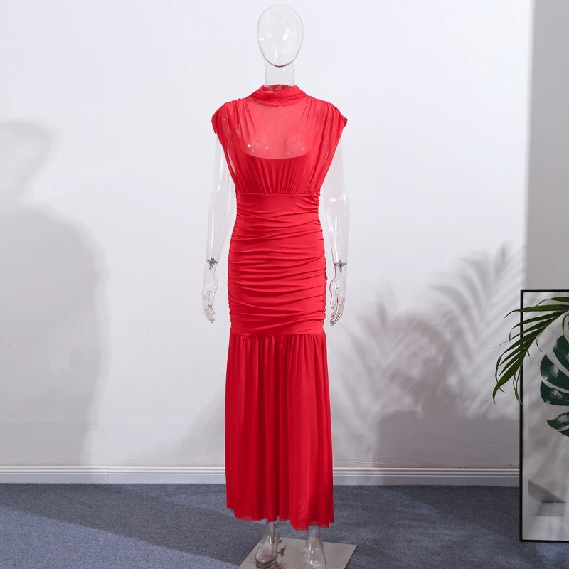 Abito Lungo da Sera Rosso Pieghettato Chic Elegante Abito Lungo Estivo da Donna con Maniche a Volant e Patchwork in Rete per Feste e Vacanze in Spiaggia