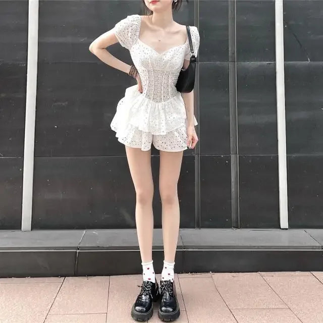 Damenkleider Quadratischer Kragen Hohl Rüschen Mädchen Kurze Culottes Vestido De Mujer Femme Robe
