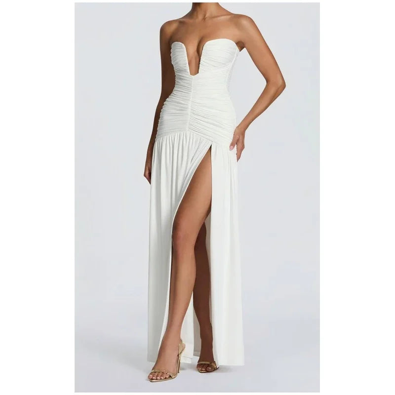 Elegantes, unifarbenes, plissiertes, schmales langes Kleid Damen Ärmellos schulterfrei V-Ausschnitt hoher Schlitz Satin Kleider 2026 Damen Dinnerparty Abendkleid