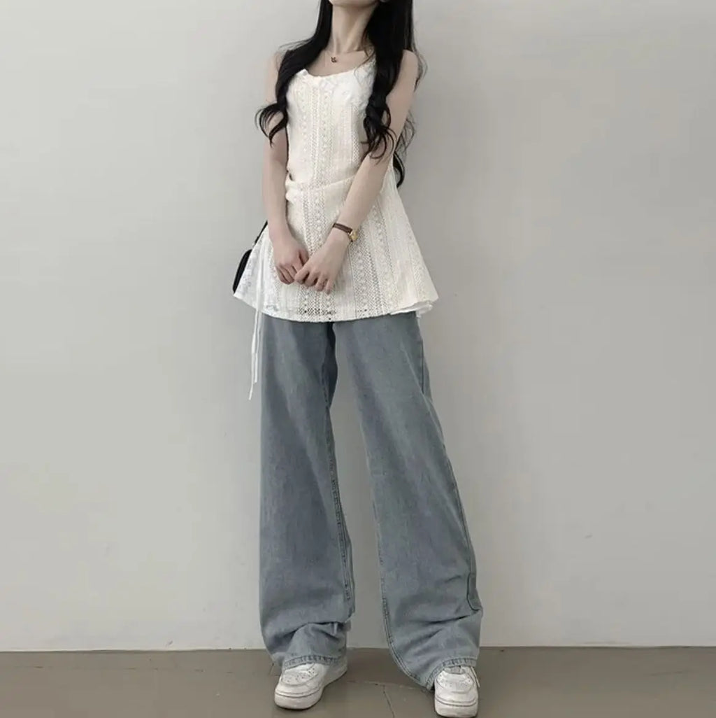 Heißes Mädchen koreanischer Stil Tunnelzug Schnürung Taille Spitze Kurze Trägerkleider + Weißer Unterzieh-Sling-Top Zweiteiliges Set