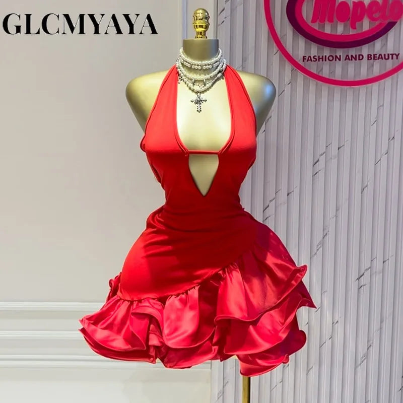 GLCMYAYA Abito estivo da donna senza maniche con scollo all'americana e balze a trapezio, mini-midi da ballo, 2025, per vacanze e feste
