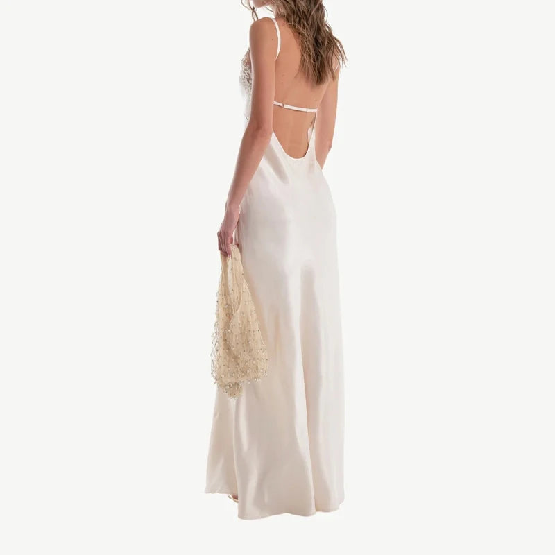 Elegantes, unifarbenes, plissiertes, schmales langes Kleid Damen Ärmellos schulterfrei V-Ausschnitt hoher Schlitz Satin Kleider 2026 Damen Dinnerparty Abendkleid