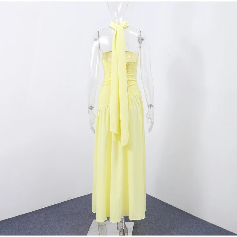 Elegante Abito Lungo con Nastro, Sciarpa Patchwork, Spacco Laterale, Abiti a Tubino per Donna, Top Estivi Gialli da Spiaggia, Abiti da Vacanza per Signora