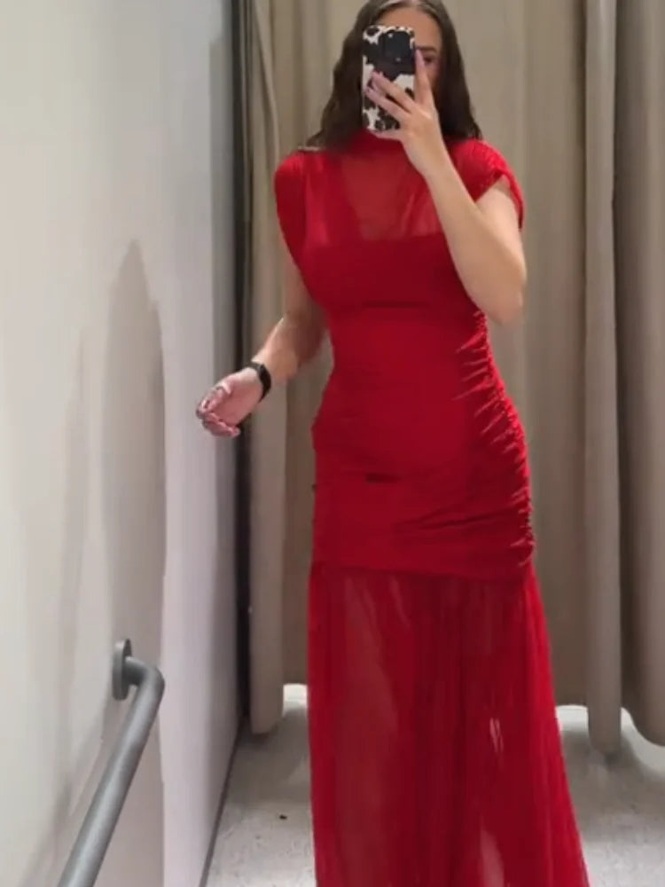 Abito Lungo da Sera Rosso Pieghettato Chic Elegante Abito Lungo Estivo da Donna con Maniche a Volant e Patchwork in Rete per Feste e Vacanze in Spiaggia