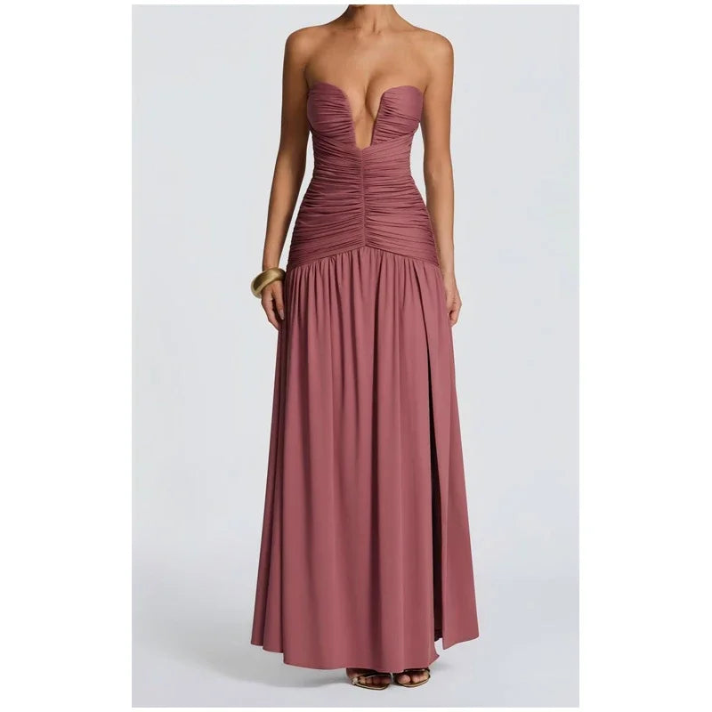 Elegantes, unifarbenes, plissiertes, schmales langes Kleid Damen Ärmellos schulterfrei V-Ausschnitt hoher Schlitz Satin Kleider 2026 Damen Dinnerparty Abendkleid