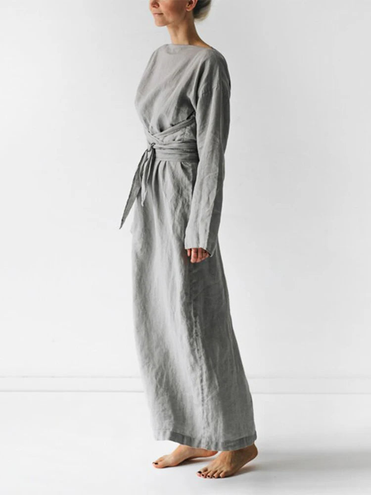 Damen Freizeitkleid Einfarbig Baumwolle Leinen Mode Schnürung Langarm Maxikleider Frühling Damen Elegant Schlichtes Kleid Mujer Harajuku