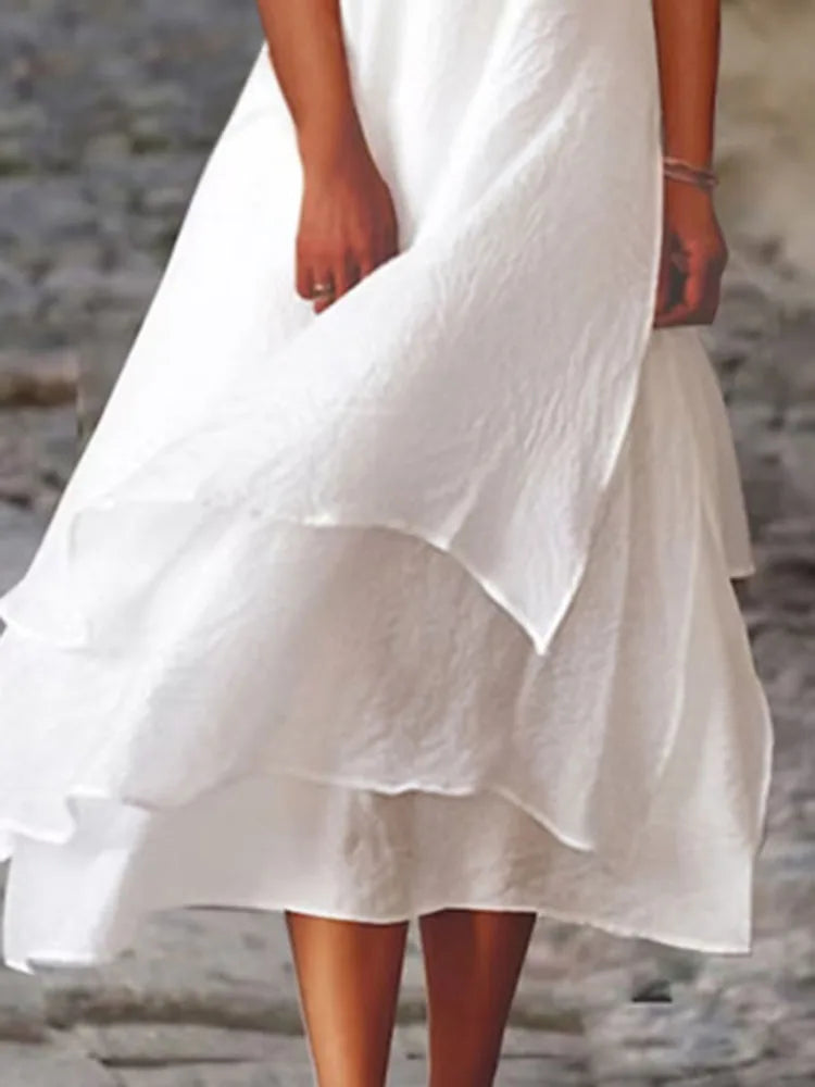 Frühling Sommer Mode Weißes langes unregelmäßiges Kleid für Damen V-Ausschnitt Halbarm Freizeit Urlaub Strandkleider für Damen Robe Femme