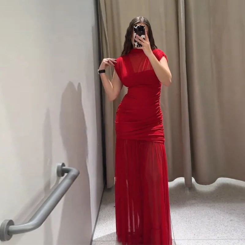 Abito Lungo da Sera Rosso Pieghettato Chic Elegante Abito Lungo Estivo da Donna con Maniche a Volant e Patchwork in Rete per Feste e Vacanze in Spiaggia