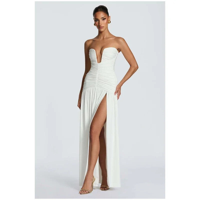 Elegantes, unifarbenes, plissiertes, schmales langes Kleid Damen Ärmellos schulterfrei V-Ausschnitt hoher Schlitz Satin Kleider 2026 Damen Dinnerparty Abendkleid