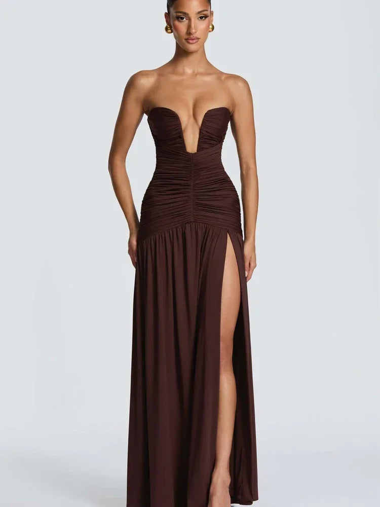 Elegante Abito Lungo Solido Plissettato Slim da Donna Senza Maniche con Spalle Scoperte Scollo a V Spacco Alto Abiti in Raso 2026 Abito da Sera da Donna per Feste
