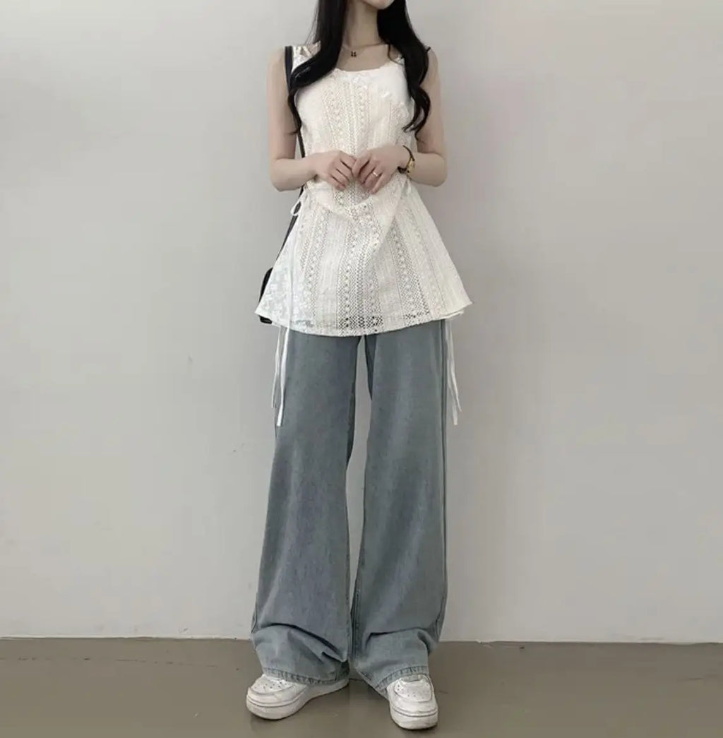 Heißes Mädchen koreanischer Stil Tunnelzug Schnürung Taille Spitze Kurze Trägerkleider + Weißer Unterzieh-Sling-Top Zweiteiliges Set