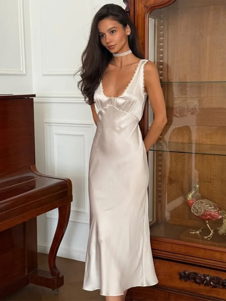 Ahagaga Abiti eleganti da donna in raso a tinta unita con scollo a V profondo, allacciatura, patchwork, abito da festa casual aderente, vestiti da donna