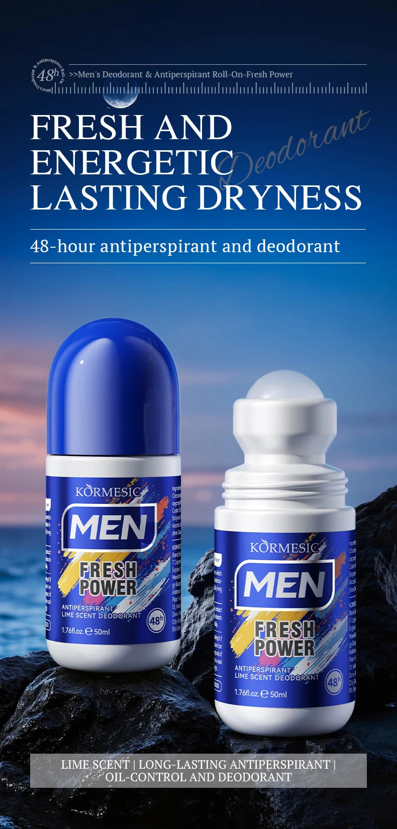 Deodorante Roll-on Uomo Rimuovi Odore Sudore Ascelle Deodorante Corpo Roll On Confezione Asciugatura Rapida Durata Rinfrescante Portatile 50ml