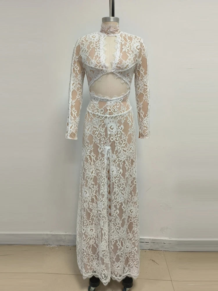 Sexy Abito Lungo con Maniche Lunghe in Pizzo, Design Vuoto, da Donna, Nero, Scollo a V, Cut Out, Spacco, Vestiti Sottili, Abiti da Sera da Cocktail