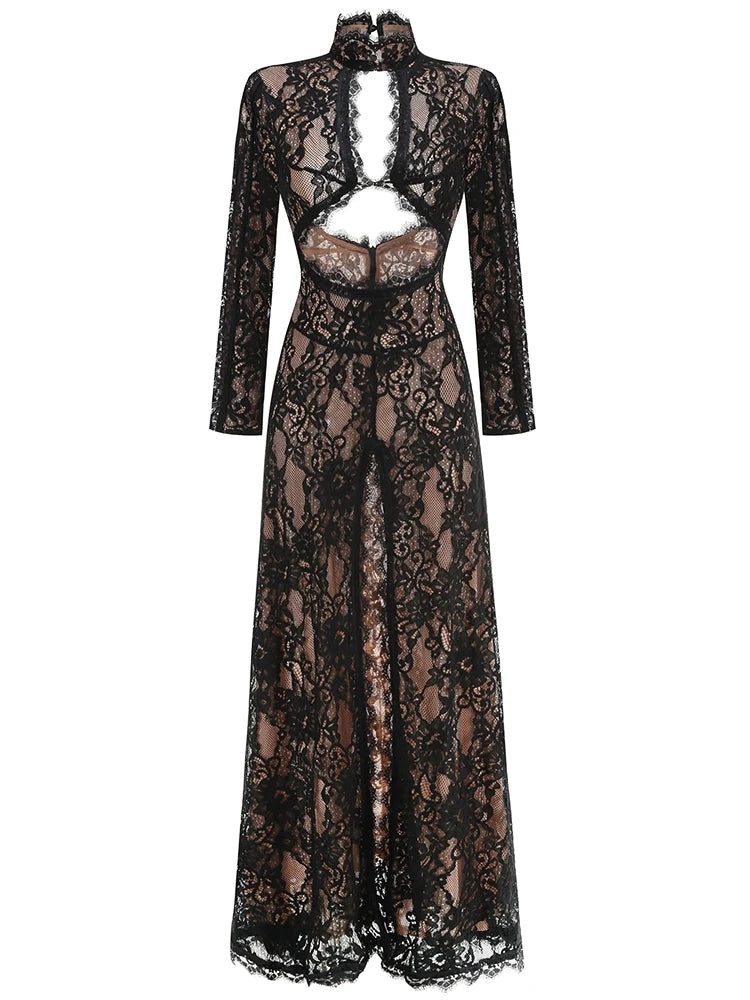 Sexy Langarm Spitze Hohles Design Langes Kleid Damen Schwarz O-Ausschnitt Cut-Out Schlitz Slim Kleider Abendparty Cocktailkleider