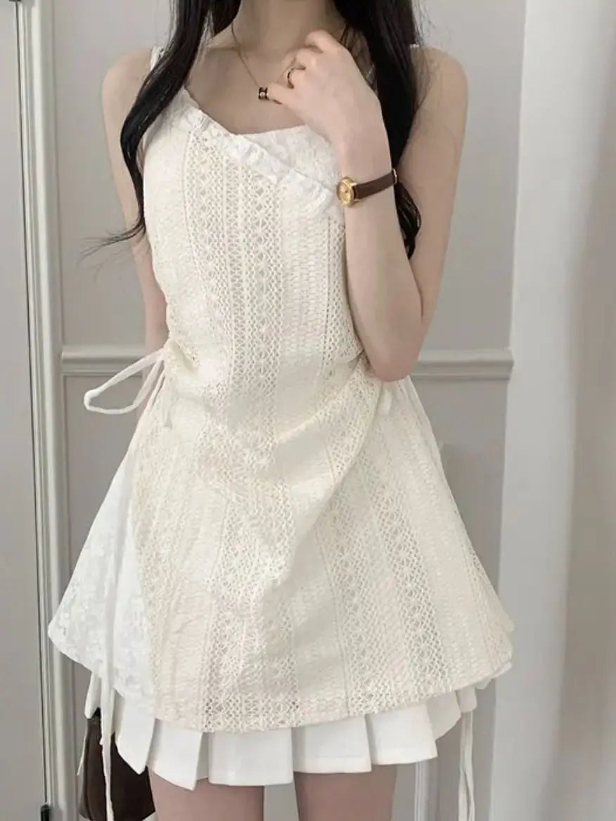 Hot Girl Coreano Stile Coulisse Vita Pizzo Corto Abiti con Bretelle + Top Sottoveste Sottogiacca Bianco Due Pezzi
