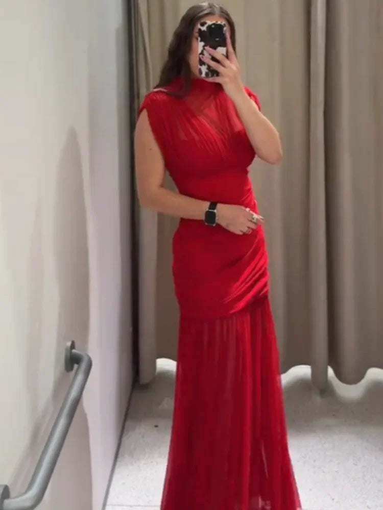 Abito Lungo da Sera Rosso Pieghettato Chic Elegante Abito Lungo Estivo da Donna con Maniche a Volant e Patchwork in Rete per Feste e Vacanze in Spiaggia