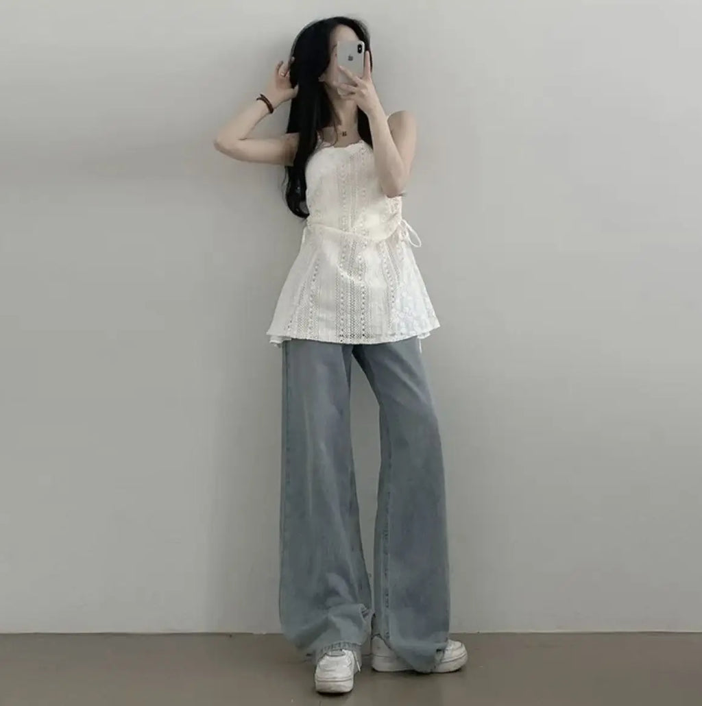 Heißes Mädchen koreanischer Stil Tunnelzug Schnürung Taille Spitze Kurze Trägerkleider + Weißer Unterzieh-Sling-Top Zweiteiliges Set