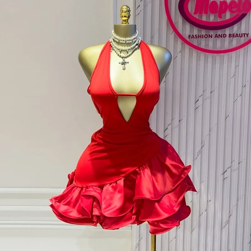 GLCMYAYA Women Sleevelss Halter V-neck Ruffles Ball Gown Smock A-line Mini Midi Dress 2025 Summer Vacation Holiday Party Dresses